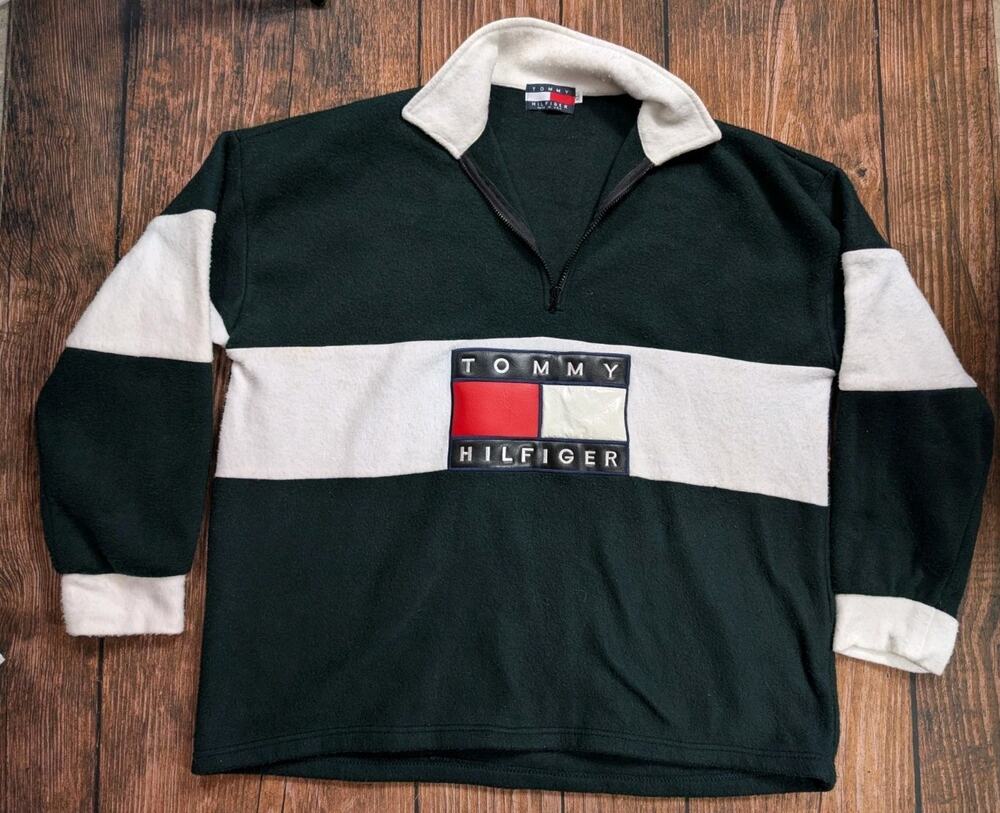 Vintage Mens Tommy Hilfiger Big Logo Green White Fleece Pullover Oversized XL